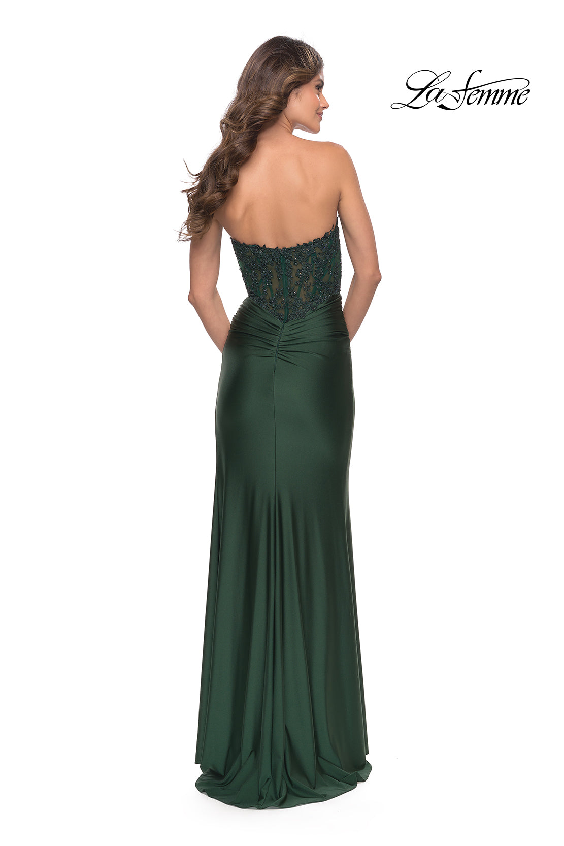 Picture of: Long Dress with Jersey Skirt and Lace Illusion Bodice in Dark Emerald, Style: 31182, Detail Picture 5