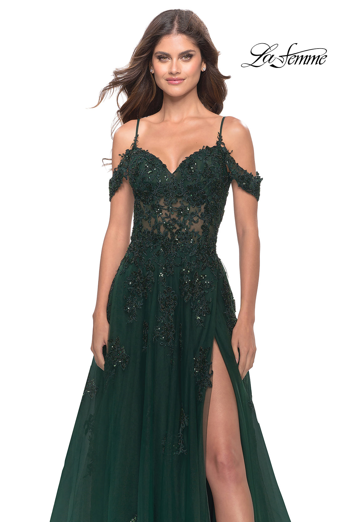 Picture of: A-Line Gown with Beautiful Beaded Lace Applique in Dark Emerald, Style: 31346, Detail Picture 5