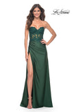 Picture of: Ruched Jersey Skirt with Lace Illusion Top and Rhinestone Prom Dress in Dark Emerald, Style: 32011, Detail Picture 5