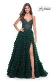 Picture of: Ruffle Tulle Prom Gown with Illusion Lace Bodice and High Slit in Dark Emerald, Style: 32128, Detail Picture 5