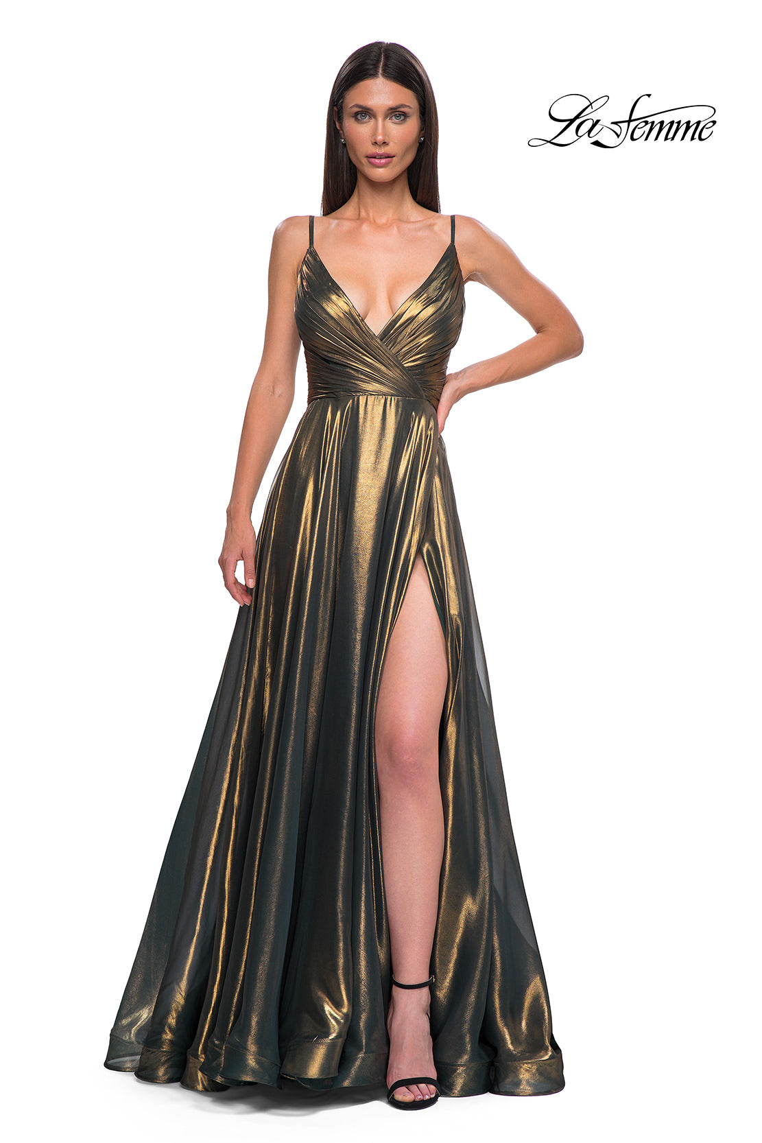 Picture of: Stunning Metallic Chiffon Gown with Ruched Bodice and Slit in Dark Emerald, Style 32864, Detail Picture 5