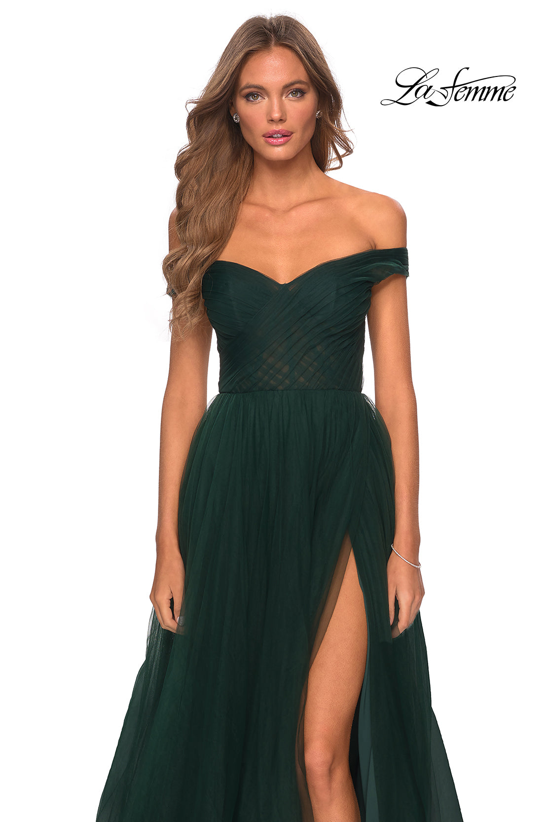 Picture of: Off The Shoulder Tulle Prom Dress with Sheer Bodice in Dark Emerald, Style: 28462, Detail Picture 6