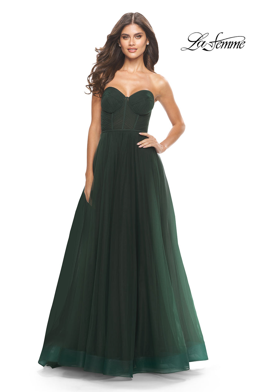 Picture of: Illusion Bodice A-line Gown with Boning and Defined Cups in Dark Emerald, Style: 31205, Detail Picture 6