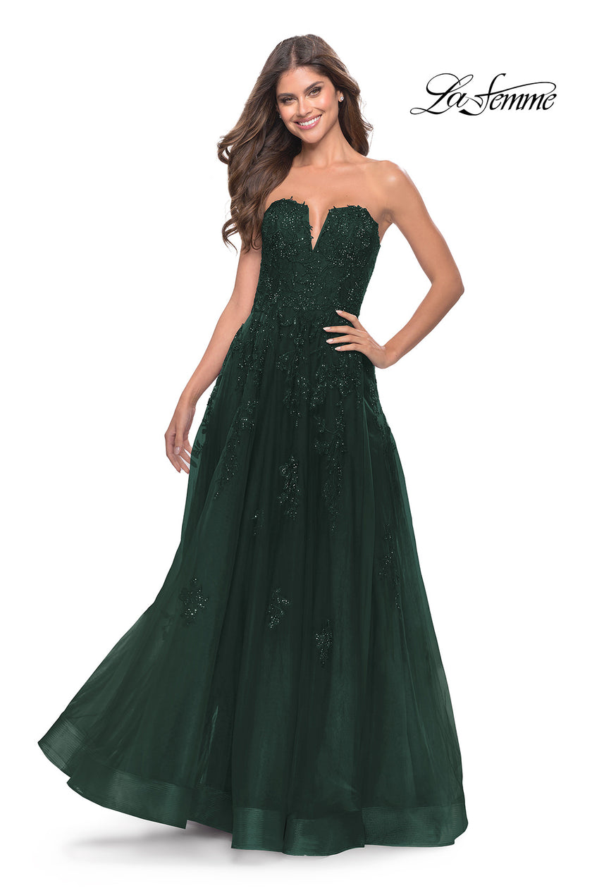 Picture of: Strapless Deep V A-Line Tulle and Lace Gown in Dark Emerald, Style: 31345, Detail Picture 6