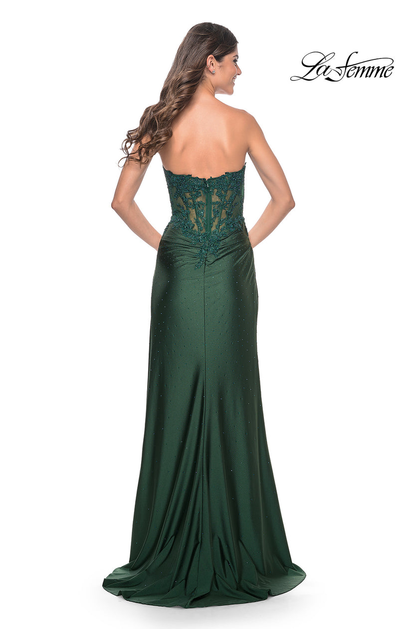 Picture of: Ruched Jersey Skirt with Lace Illusion Top and Rhinestone Prom Dress in Dark Emerald, Style: 32011, Detail Picture 6