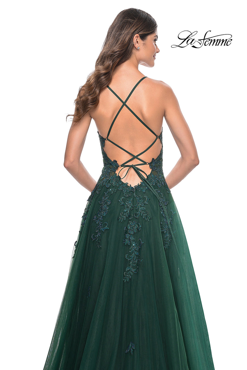 Picture of: A-Line Tulle Dress with Rhinestone Embellished Lace Applique in Dark Emerald, Style: 32022, Detail Picture 6