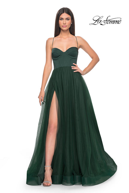 Picture of: Tulle A-Line Gown with Satin Bustier Top in Dark Emerald, Style: 32065, Detail Picture 6