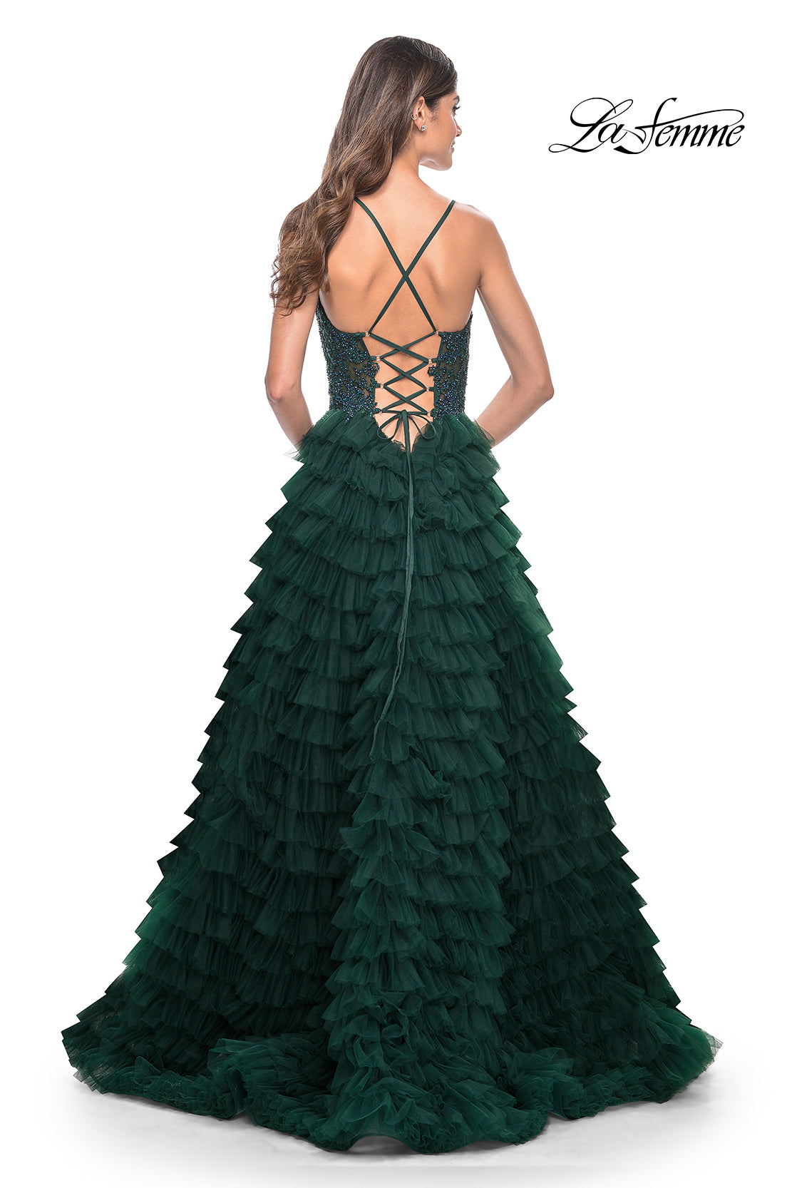 Picture of: Ruffle Tulle Prom Gown with Illusion Lace Bodice and High Slit in Dark Emerald, Style: 32128, Detail Picture 6