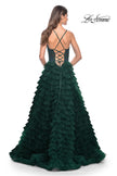 Picture of: Ruffle Tulle Prom Gown with Illusion Lace Bodice and High Slit in Dark Emerald, Style: 32128, Detail Picture 6
