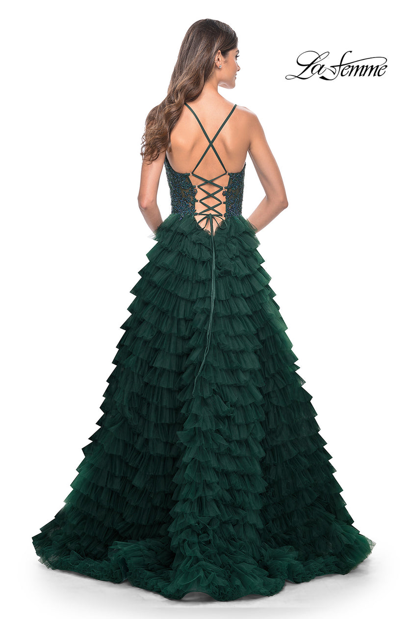 Picture of: Ruffle Tulle Prom Gown with Illusion Lace Bodice and High Slit in Dark Emerald, Style: 32128, Detail Picture 6