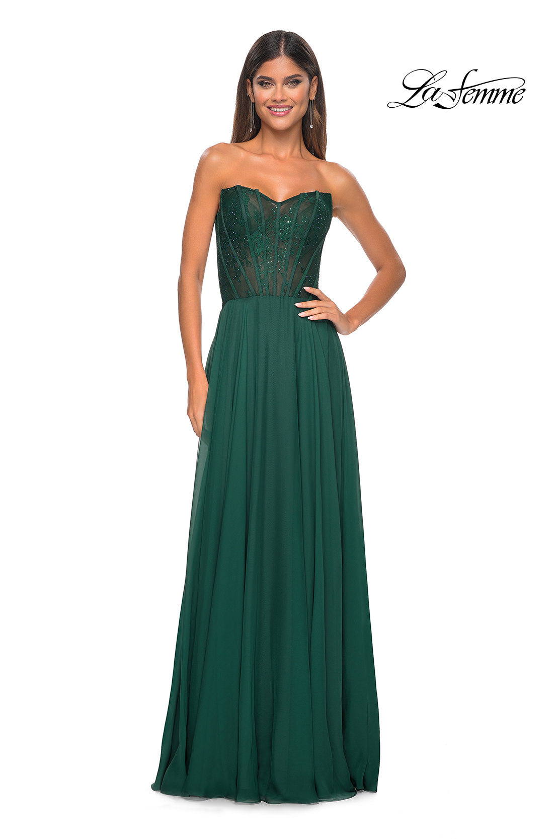 Picture of: Strapless Chiffon Prom Gown with Lace Illusion Bodice in Dark Emerald, Style: 32311, Detail Picture 6