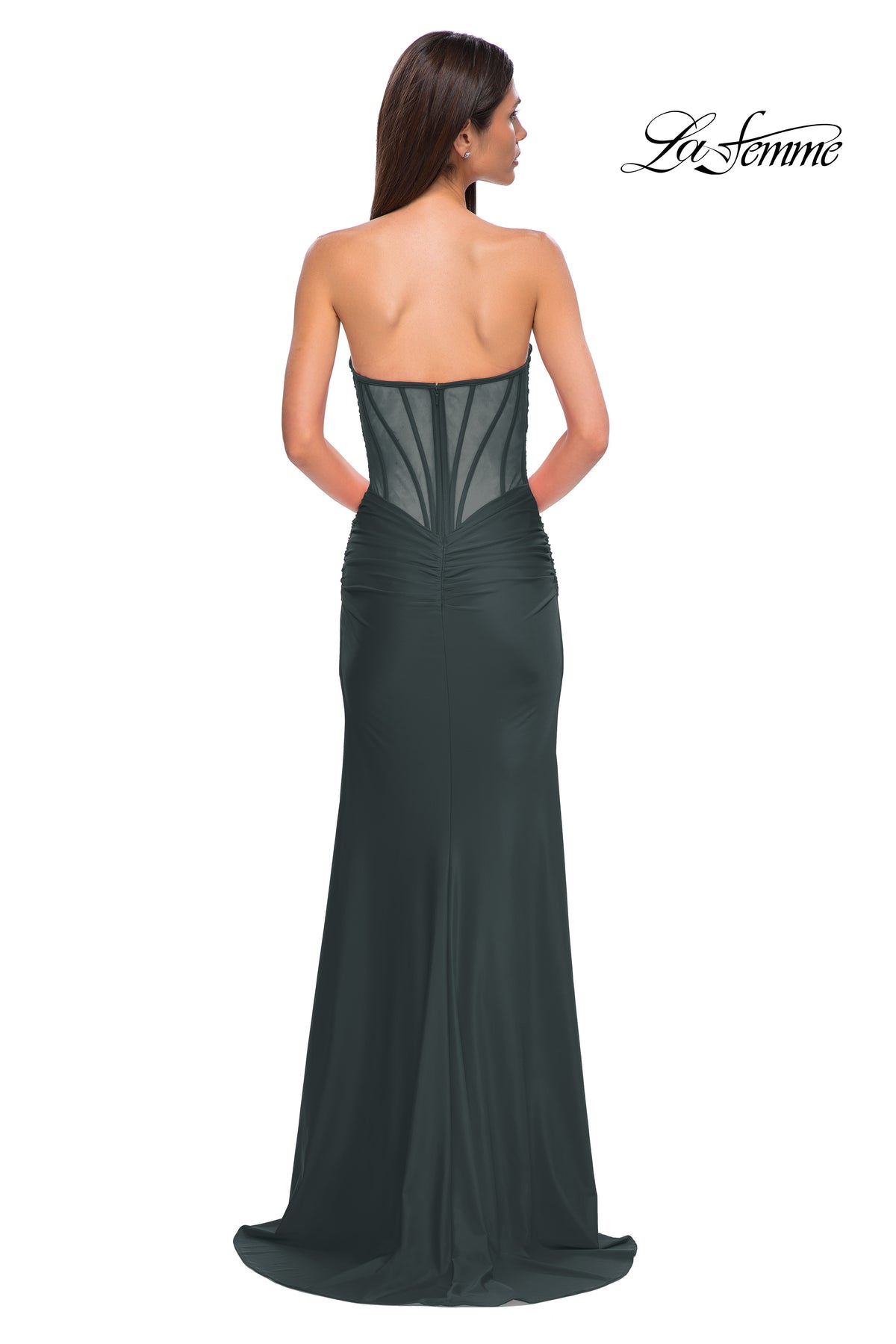 Picture of: Intricately Ruched Strapless Prom Dress with Unique Deep V in Dark Emerald, Style 32923, Detail Picture 6