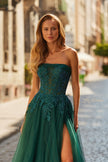 Picture of: Strapless A-Line Gown with Embroidered Corset and Slit in Dark Emerald, Style: 33528, Detail Picture 6