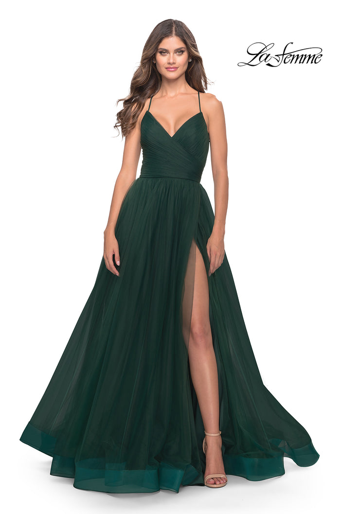 Picture of: Long Tulle A-line Gown with Side Slit and Pockets in Dark Emerald, Style: 28561, Detail Picture 7