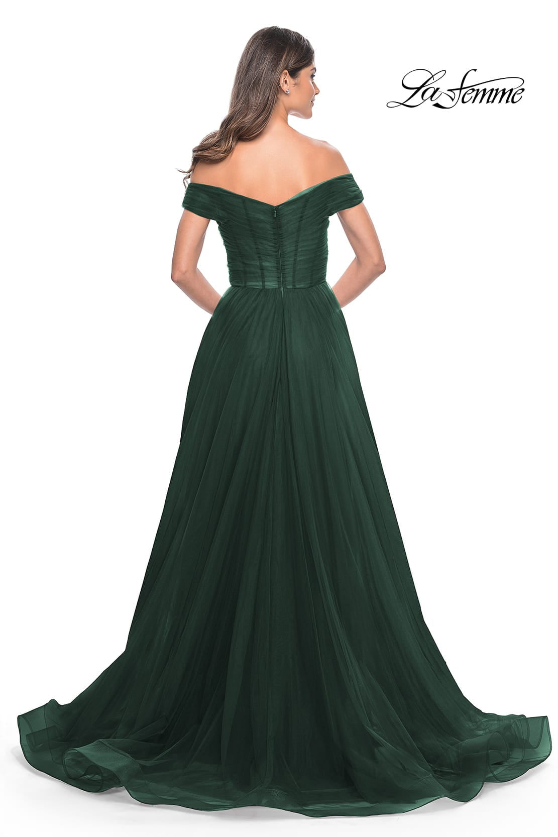 Picture of: A-Line Tulle Prom Dress with Off the Shoulder Top in Dark Emerald, Style: 30498, Detail Picture 7
