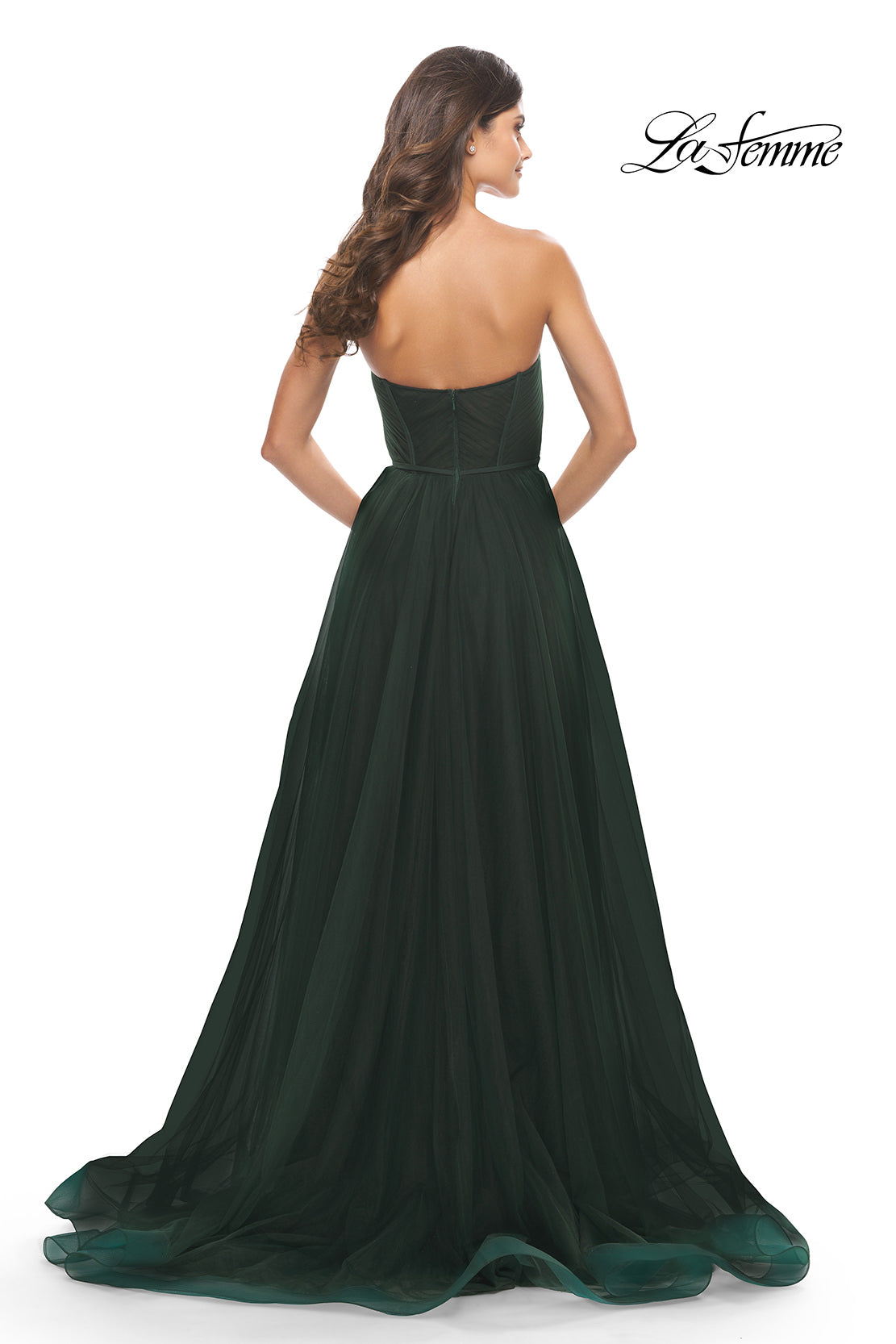 Picture of: Illusion Bodice A-line Gown with Boning and Defined Cups in Dark Emerald, Style: 31205, Detail Picture 7