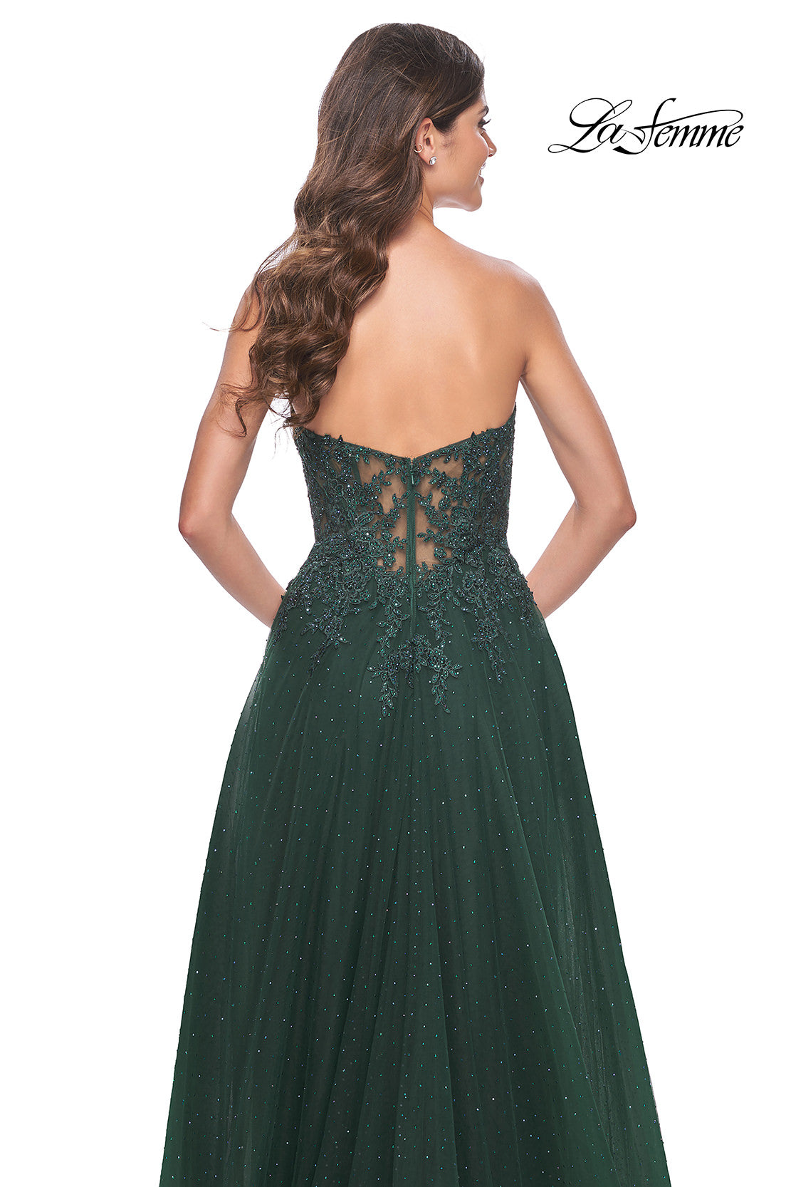 Picture of: Rhinestone Tulle A-Line Gown with Lace Bodice in Jewel Tones in Dark Emerald, Style: 32253, Detail Picture 7
