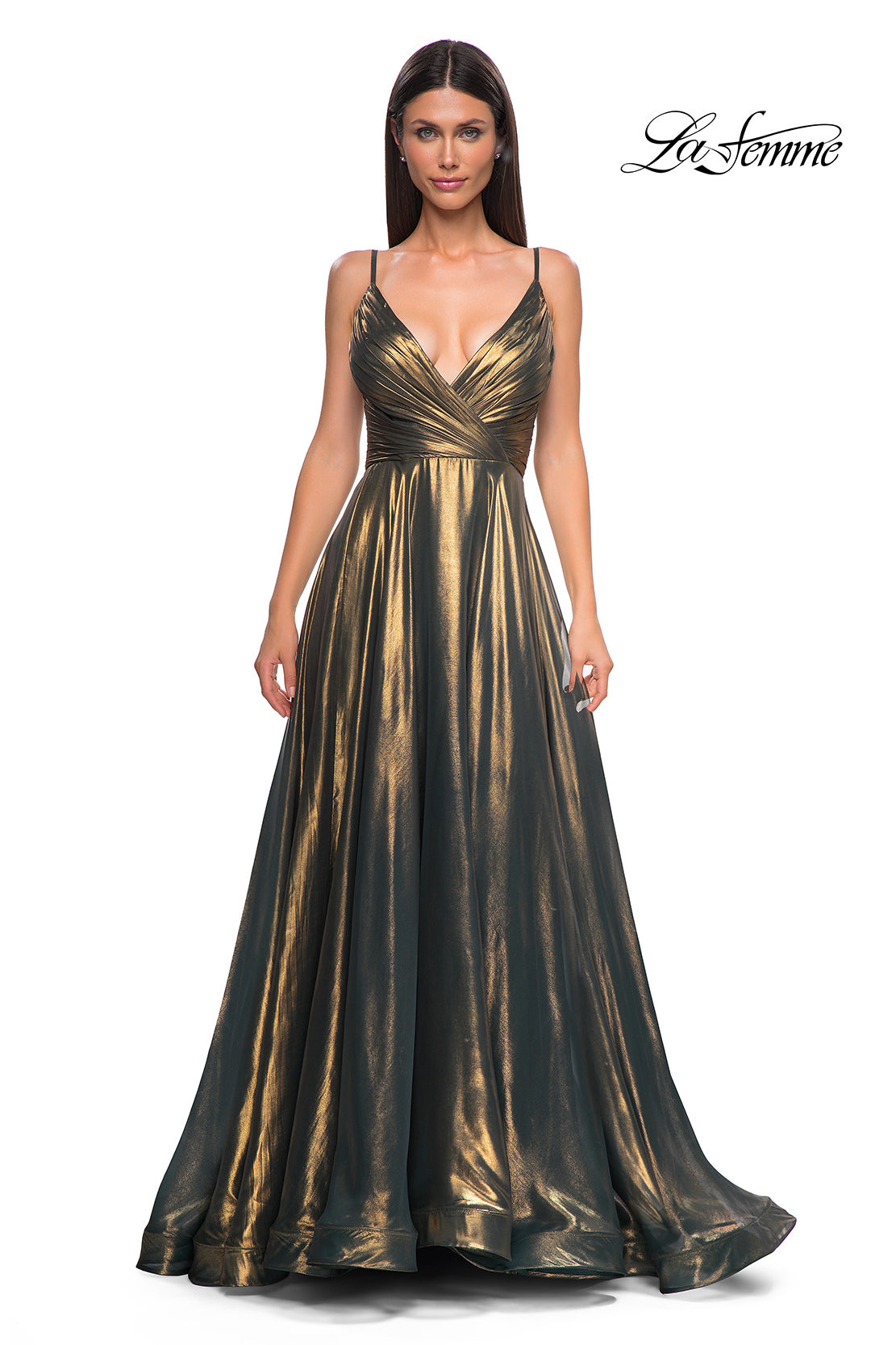 Picture of: Stunning Metallic Chiffon Gown with Ruched Bodice and Slit in Dark Emerald, Style 32864, Detail Picture 7