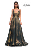 Picture of: Stunning Metallic Chiffon Gown with Ruched Bodice and Slit in Dark Emerald, Style 32864, Detail Picture 7