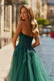 Picture of: Strapless A-Line Gown with Embroidered Corset and Slit in Dark Emerald, Style: 33528, Detail Picture 7