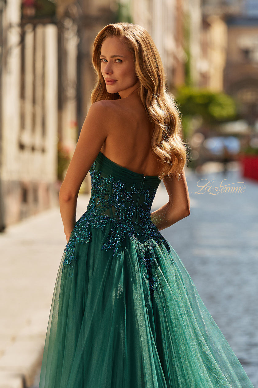 Picture of: Strapless A-Line Gown with Embroidered Corset and Slit in Dark Emerald, Style: 33528, Detail Picture 7