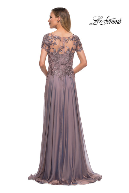 Picture of: Chiffon Evening Gown with Lace Bodice in Dark Mauve, Back Picture