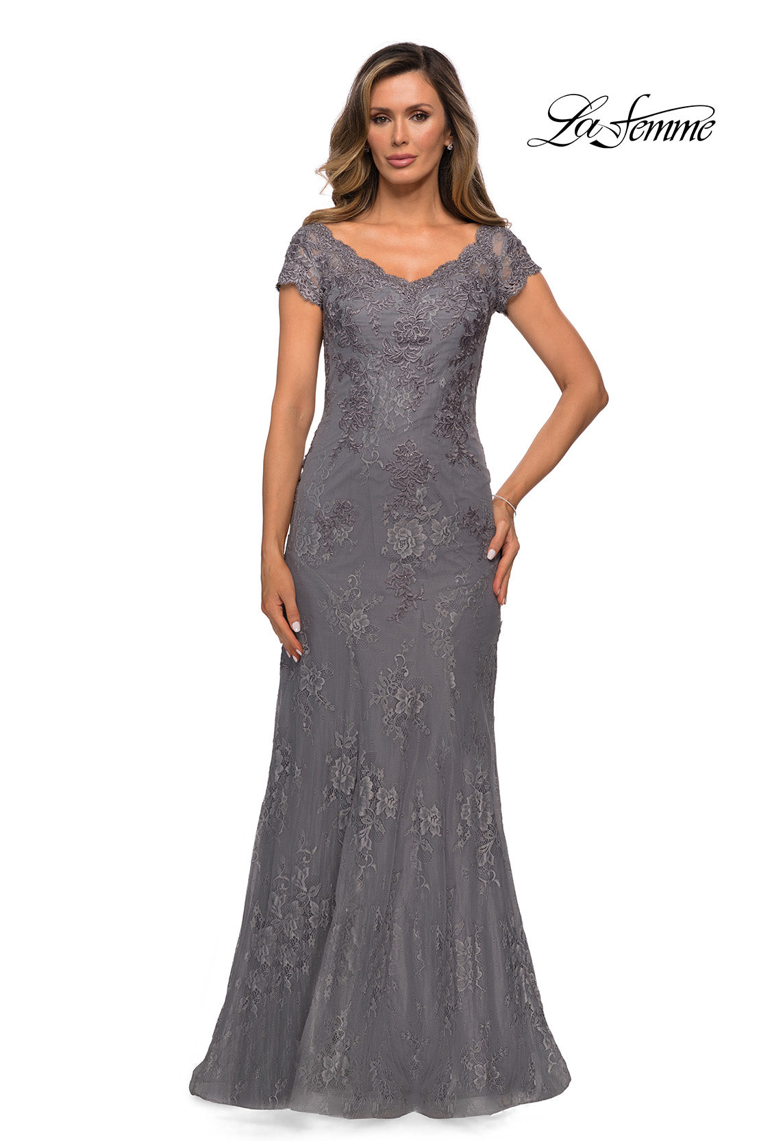 Picture of: Short Sleeve Lace Evening Dress with V Neckline in Dark Platinum, Style: 28099, Detail Picture 1