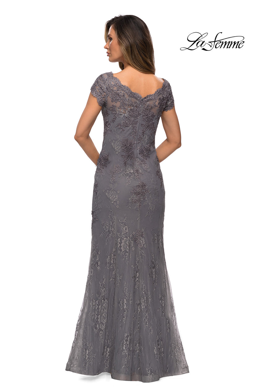 Picture of: Short Sleeve Lace Evening Dress with V Neckline in Dark Platinum, Style: 28099, Detail Picture 5