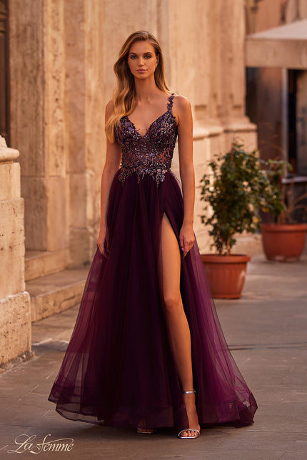 Picture of: Tulle A-Line Gown with Sheer and Beaded Lace Detail in Dark Berry, Style: 31471, Main Picture