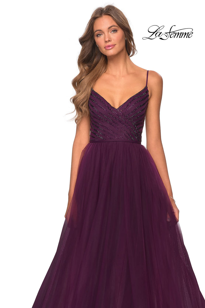 Picture of: Tulle A-line Dress with Patterned Rhinestone Bodice in Dark Purple, Style: 28511, Detail Picture 8