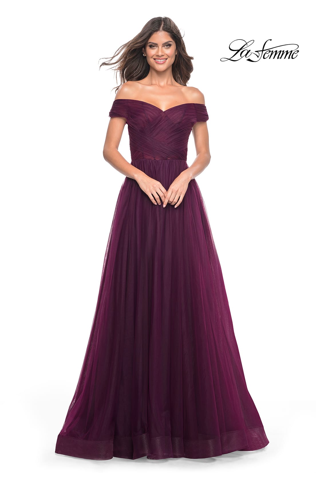Picture of: A-Line Tulle Prom Dress with Off the Shoulder Top in Dark Berry, Style: 30498, Detail Picture 14