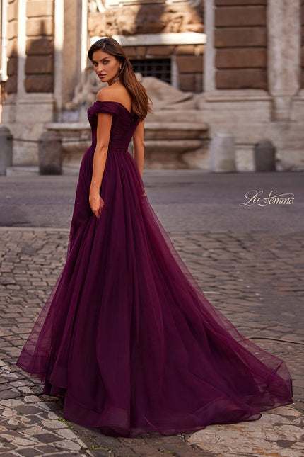 Picture of: A-Line Tulle Prom Dress with Off the Shoulder Top in Dark Berry, Style: 30498, Back Picture