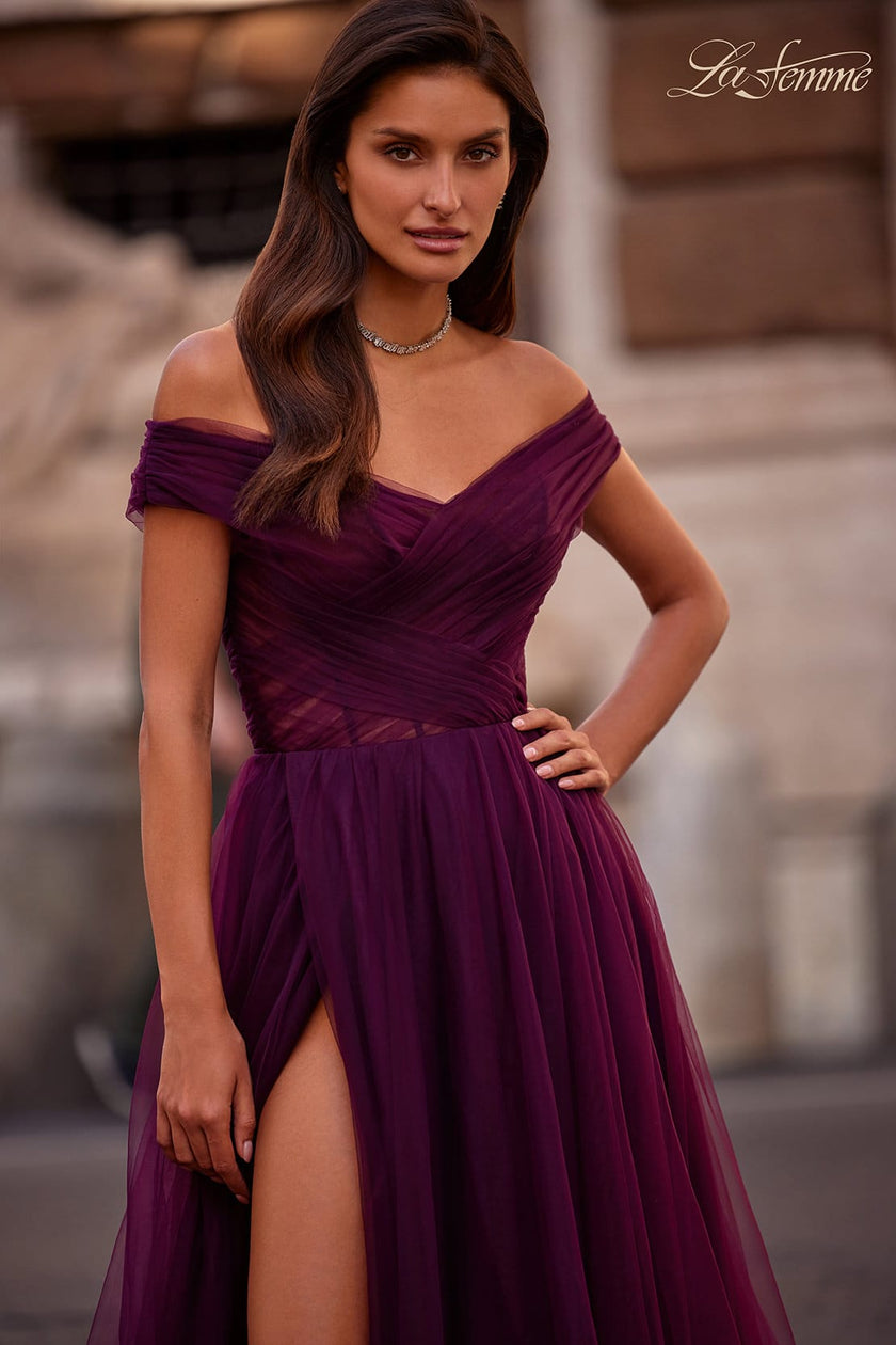Picture of: A-Line Tulle Prom Dress with Off the Shoulder Top in Dark Berry, Style: 30498, Detail Picture 1