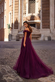 Picture of: A-Line Tulle Prom Dress with Off the Shoulder Top in Dark Berry, Style: 30498, Detail Picture 3