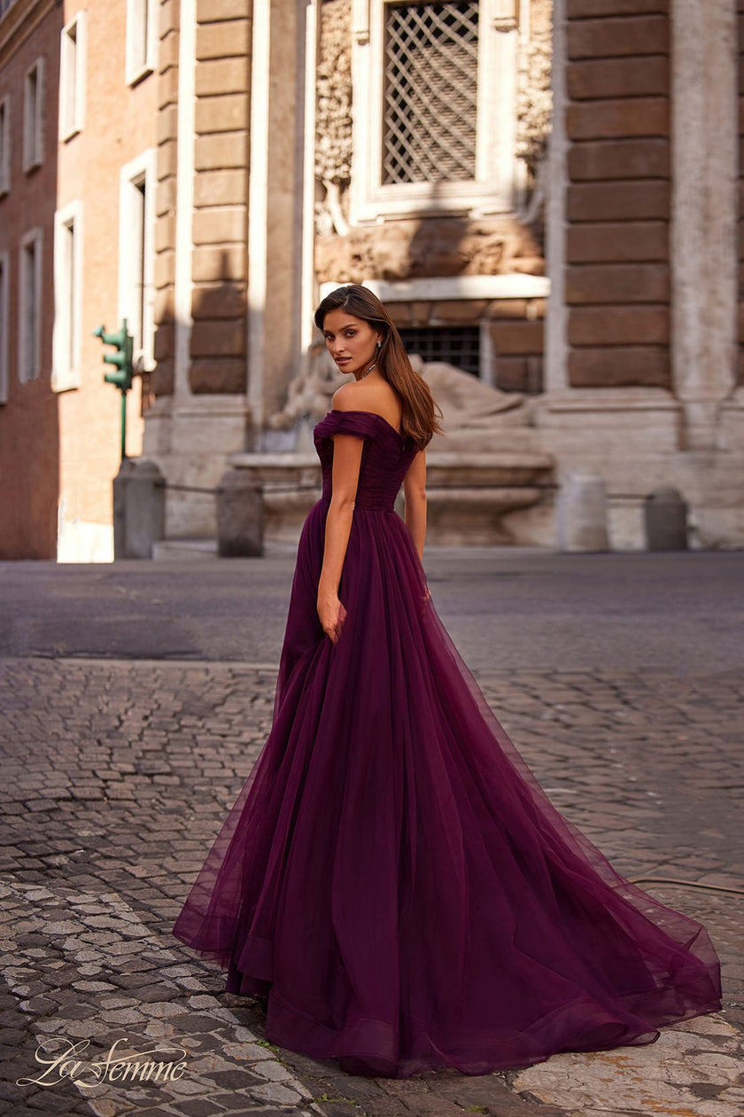 Picture of: A-Line Tulle Prom Dress with Off the Shoulder Top in Dark Berry, Style: 30498, Detail Picture 3