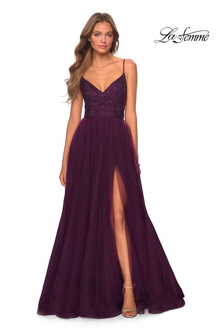 Picture of: Tulle A-line Dress with Patterned Rhinestone Bodice in Dark Purple, Style: 28511, Detail Picture 4