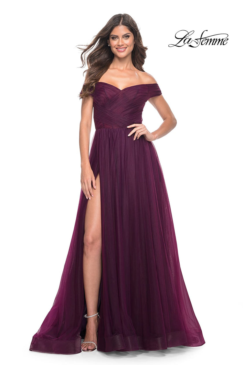 Picture of: A-Line Tulle Prom Dress with Off the Shoulder Top in Dark Berry, Style: 30498, Detail Picture 4