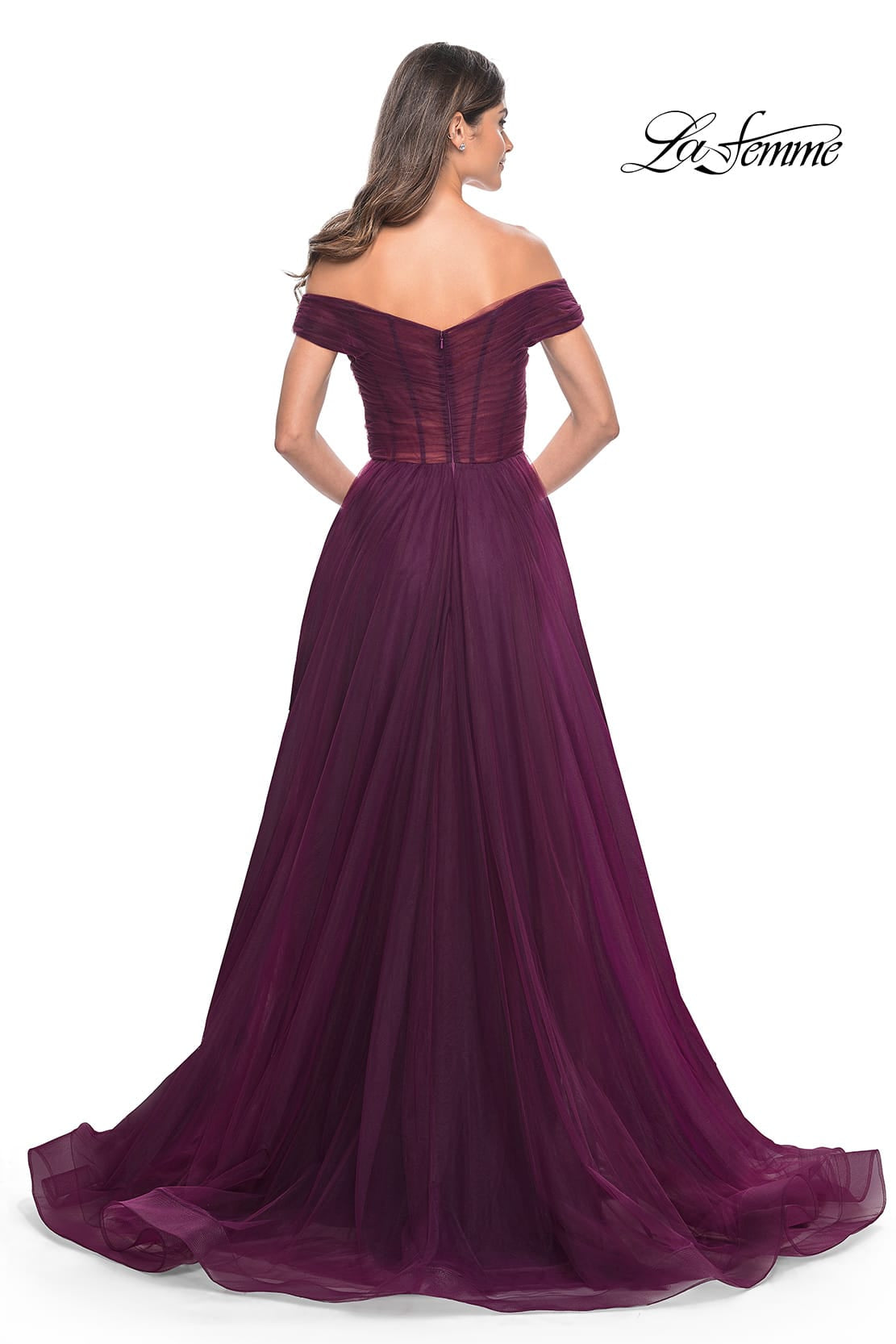Picture of: A-Line Tulle Prom Dress with Off the Shoulder Top in Dark Berry, Style: 30498, Detail Picture 5