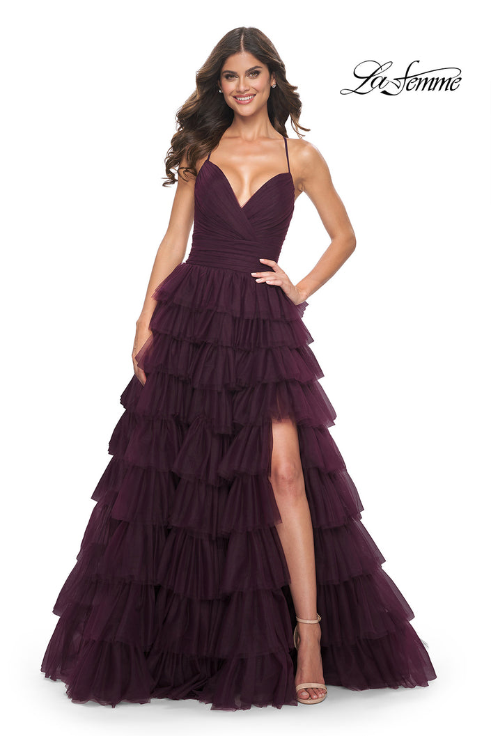 Picture of: A-Line Ruffle Tulle Gown with High Slit and Lace Up Back in Dark Berry, Style: 32086, Detail Picture 5