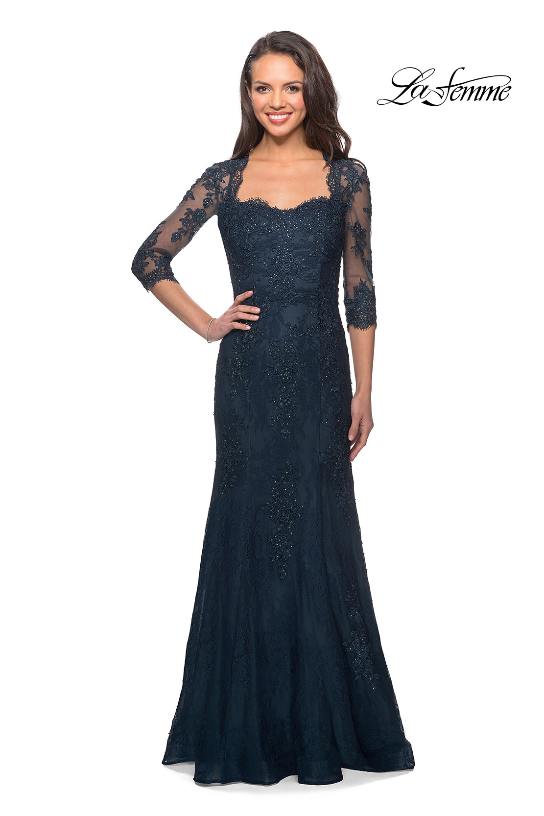 Picture of: Elegant Lace Gown with 3/4 Sleeves and Rhinestones in Dark Teal, Style: 25369, Main Picture