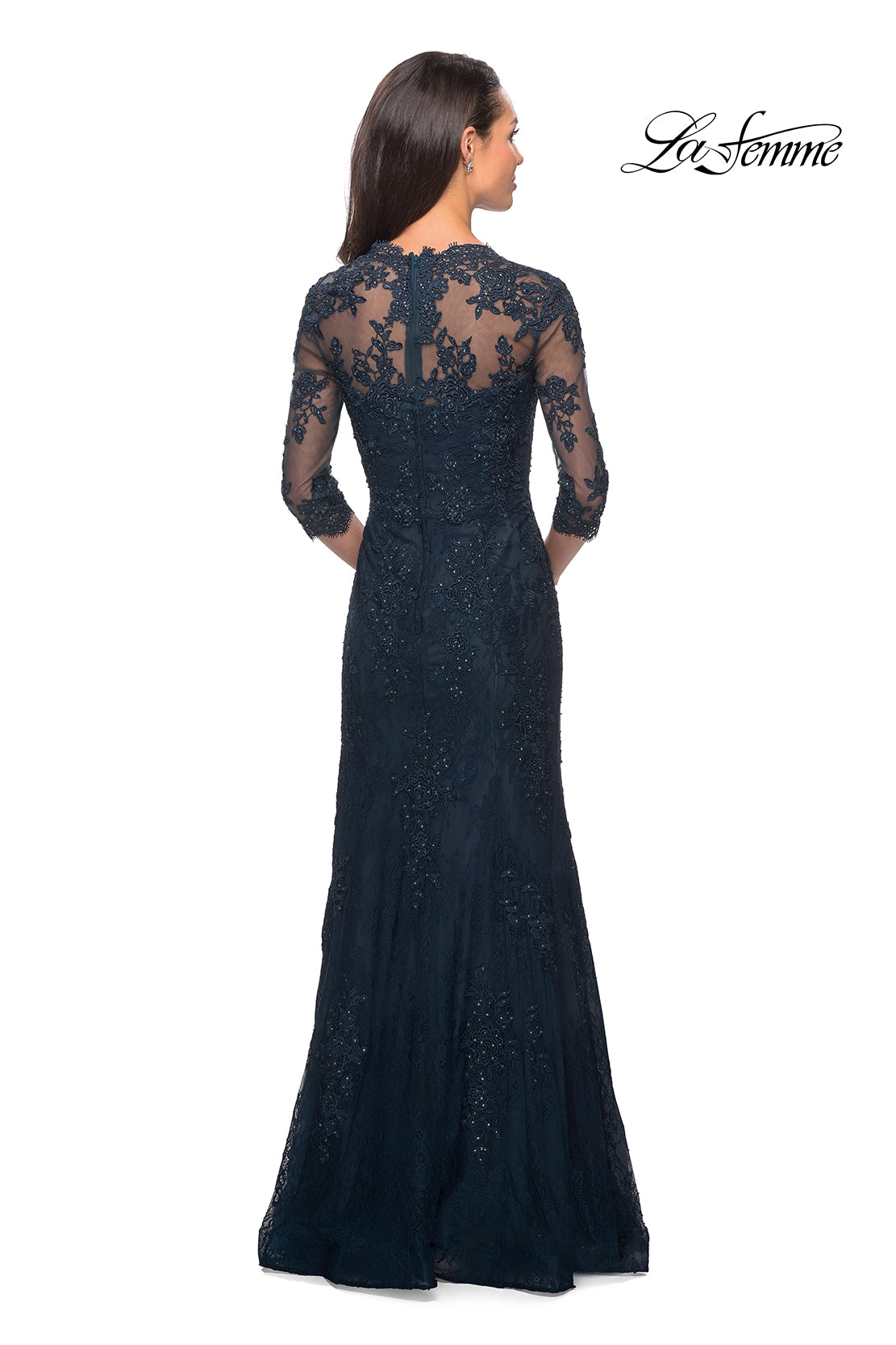 Picture of: Elegant Lace Gown with 3/4 Sleeves and Rhinestones in Dark Teal, Style: 25369, Back Picture