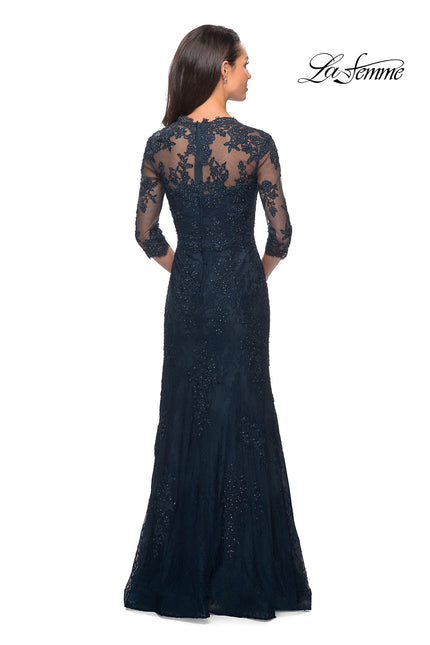 Picture of: Elegant Lace Gown with 3/4 Sleeves and Rhinestones in Dark Teal, Style: 25369, Back Picture