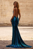 Picture of: Metallic Jersey Dress with Low Back and Ruching in Dark Teal, Style 32932, Main Picture