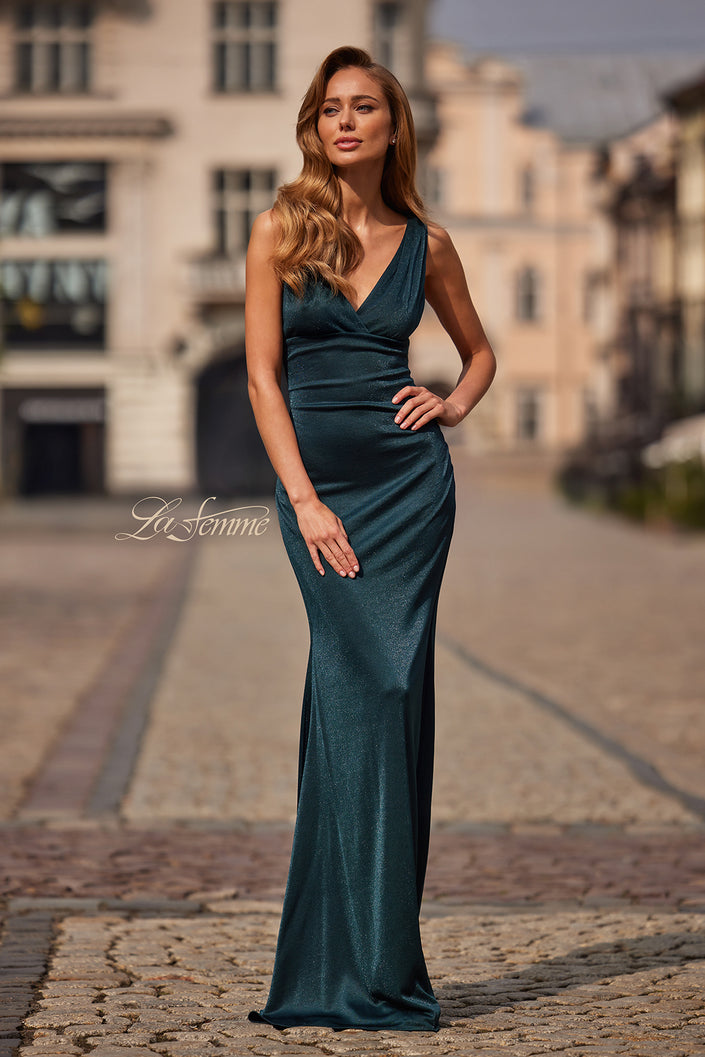 Picture of: Metallic Jersey Gown with V-Neckline and Low Back in Dark Teal, Style: 33425, Main Picture