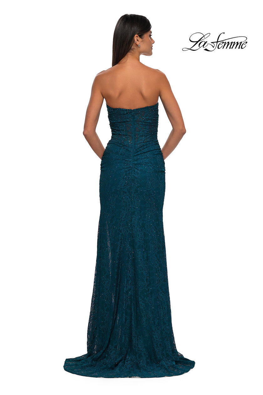 Picture of: Simple Long Stretch Lace Prom Dress with Ruching in Dark Teal, Style: 32773, Detail Picture 8