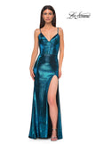 Picture of: Fitted Metallic Jersey Prom Dress with Corset Style Top in Dark Teal, Style 32877, Detail Picture 9