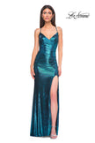 Picture of: Ruched Metallic Jersey Dress with Open Lace Up Back in Dark Teal, Style 32945, Detail Picture 9