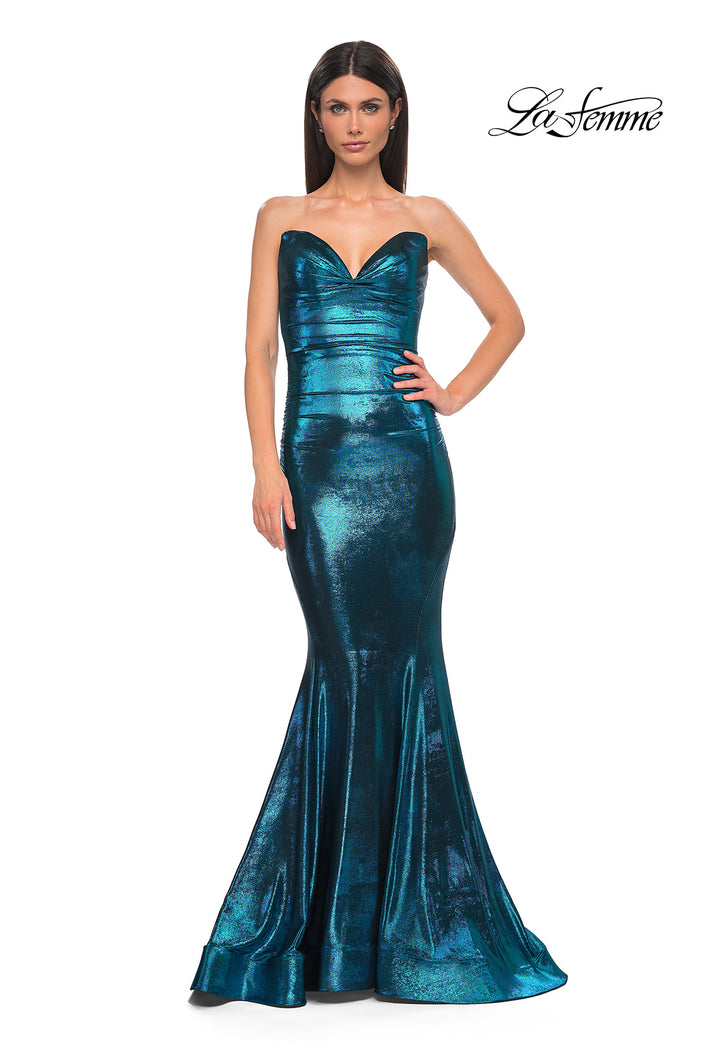 Picture of: Mermaid Metallic Prom Dress with Sweetheart Strapless Top in Dark Teal, Style 32995, Detail Picture 9