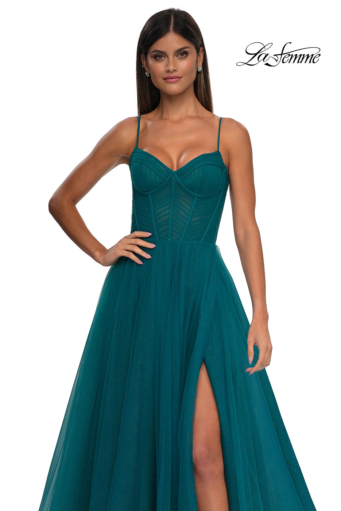 Picture of: Prom Dress with Sparkle Tulle and Ruched Corset Top in Dark Teal, Style: 32680, Detail Picture 10