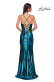 Picture of: Fitted Metallic Jersey Prom Dress with Corset Style Top in Dark Teal, Style 32877, Detail Picture 10